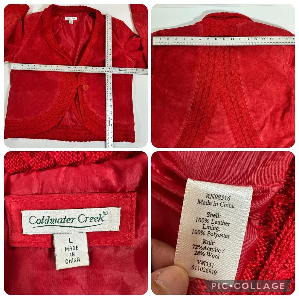 Coldwater Creek Red Suede Leather Jacket Large Knit Trim Button Front Y2K Boho - Picture 12 of 12